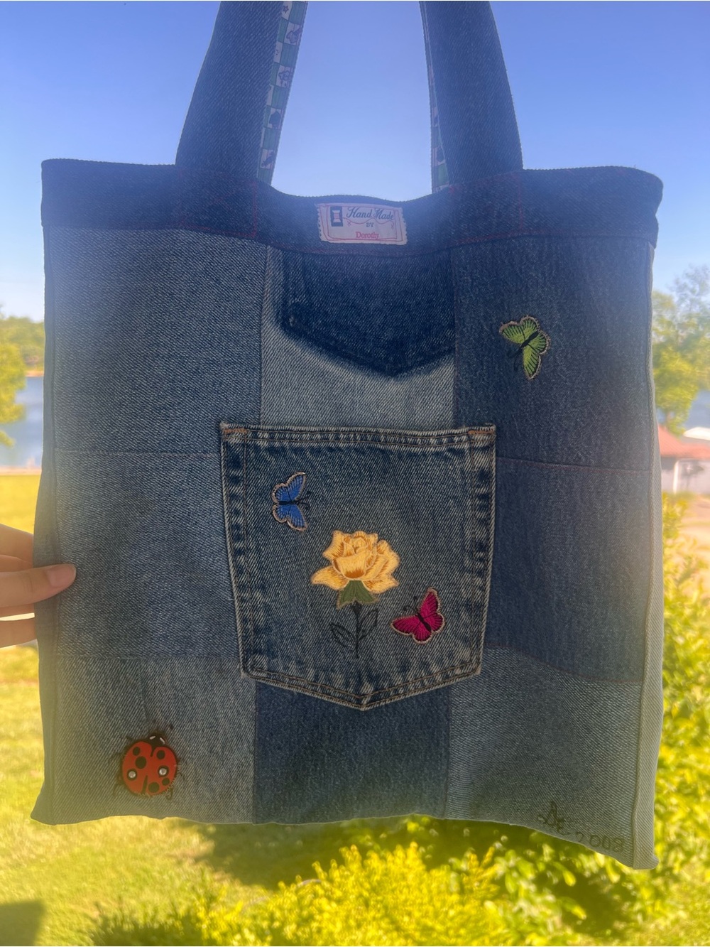 Denim Patchwork Tote Bag with Embroidered Flowers & Butterflies
